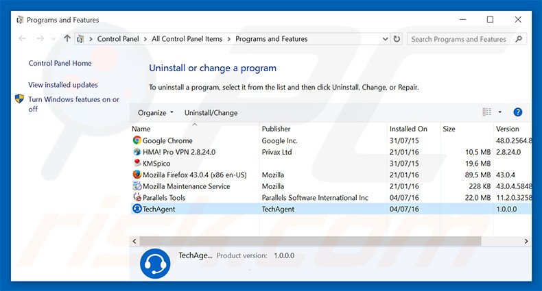 TechAgent adware uninstall via Control Panel
