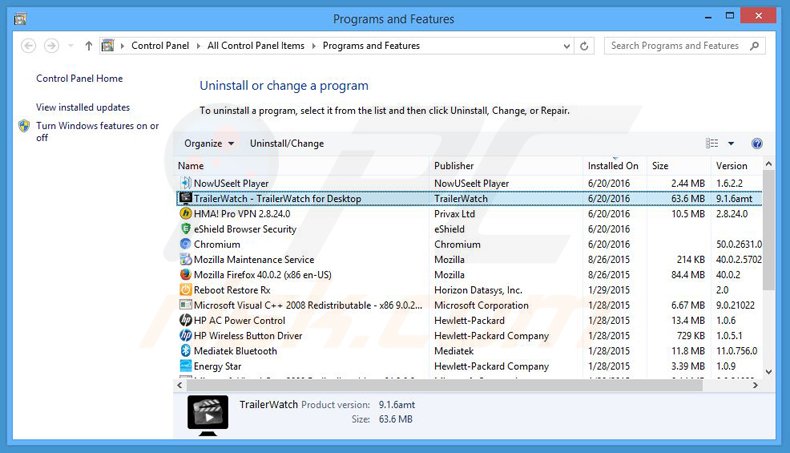 trailer watch adware uninstall via Control Panel