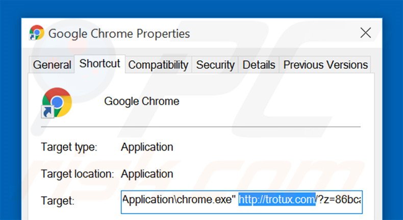 Removing trotux.com from Google Chrome shortcut target step 2
