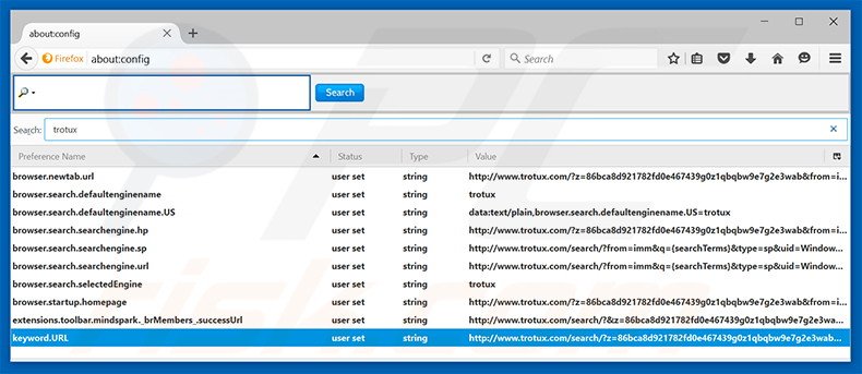 Removing trotux.com from Mozilla Firefox default search engine