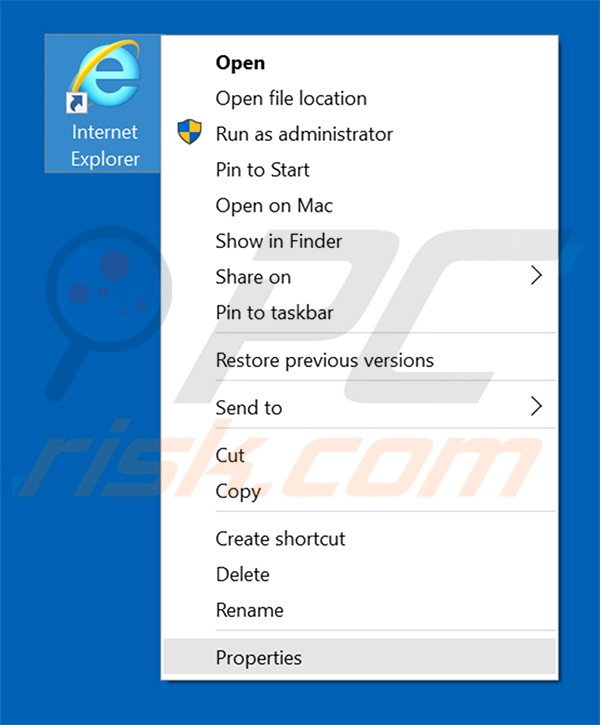 Removing trotux.com from Internet Explorer shortcut target step 1
