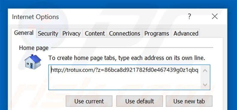 Removing trotux.com from Internet Explorer homepage