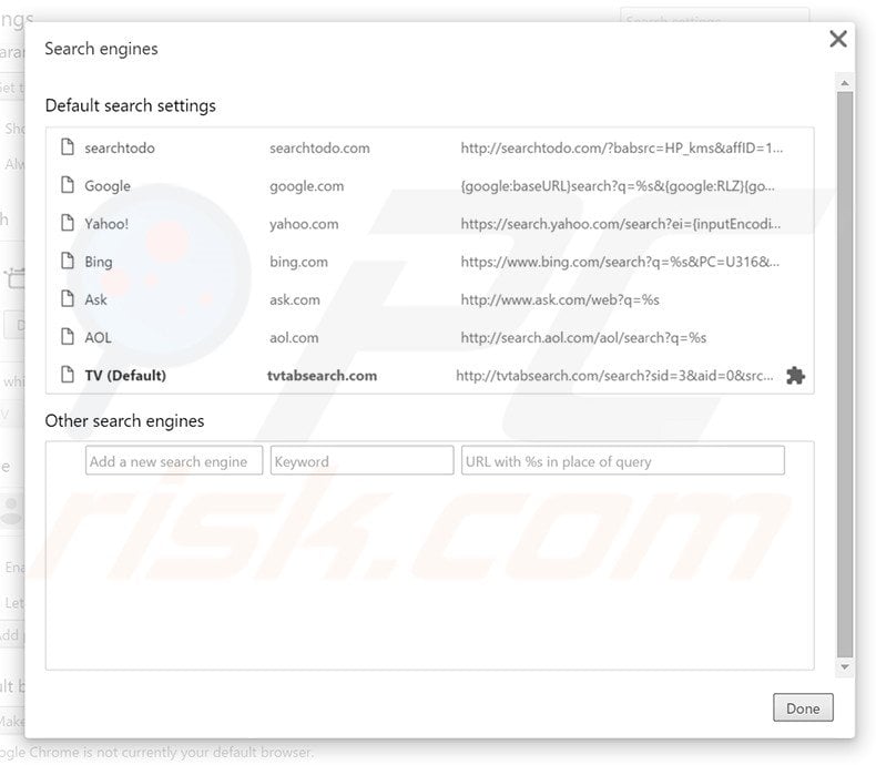 Removing tvtabsearch.com from Google Chrome default search engine