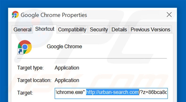 Removing urban-search.com from Google Chrome shortcut target step 2