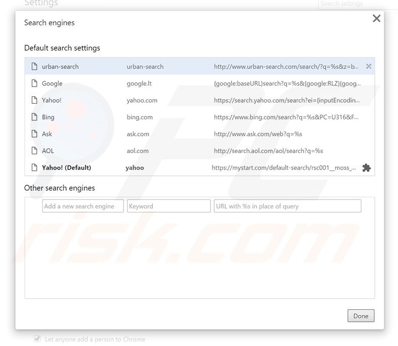 Removing urban-search.com from Google Chrome default search engine