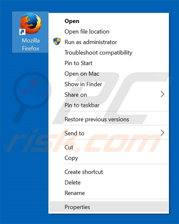 Removing urban-search.com from Mozilla Firefox shortcut target step 1