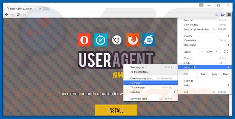 Removing User-Agent Switcher  ads from Google Chrome step 1