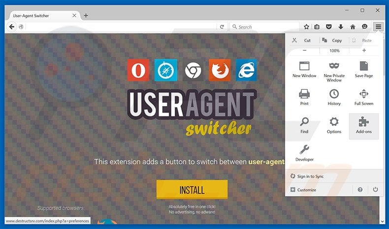 Removing User-Agent Switcher ads from Mozilla Firefox step 1