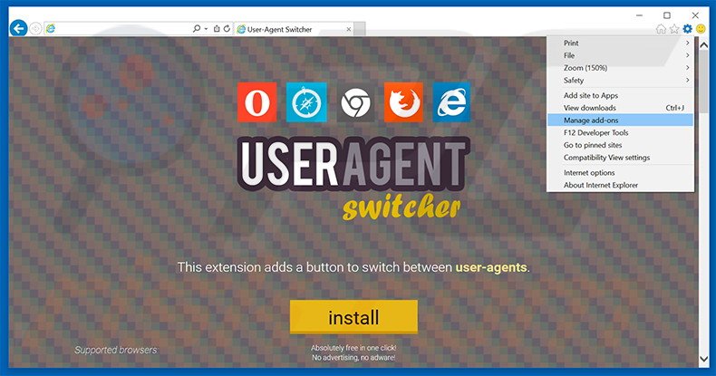 Removing User-Agent Switcher ads from Internet Explorer step 1