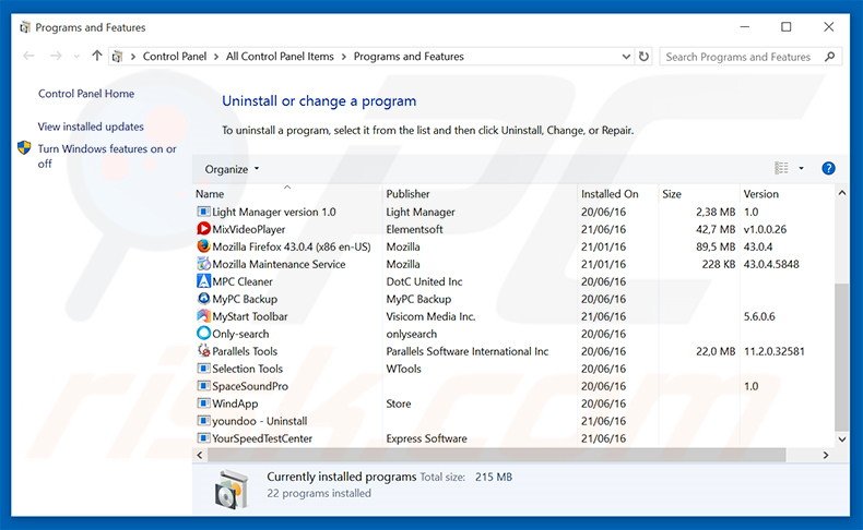 Verify Windows Scam adware uninstall via Control Panel