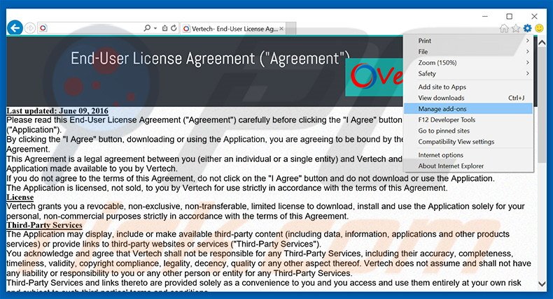 Removing Vertech ads from Internet Explorer step 1