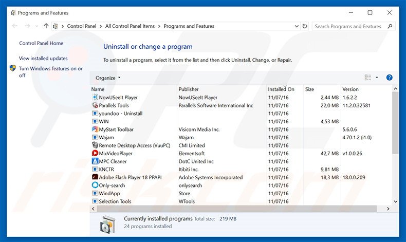 Vertech adware uninstall via Control Panel