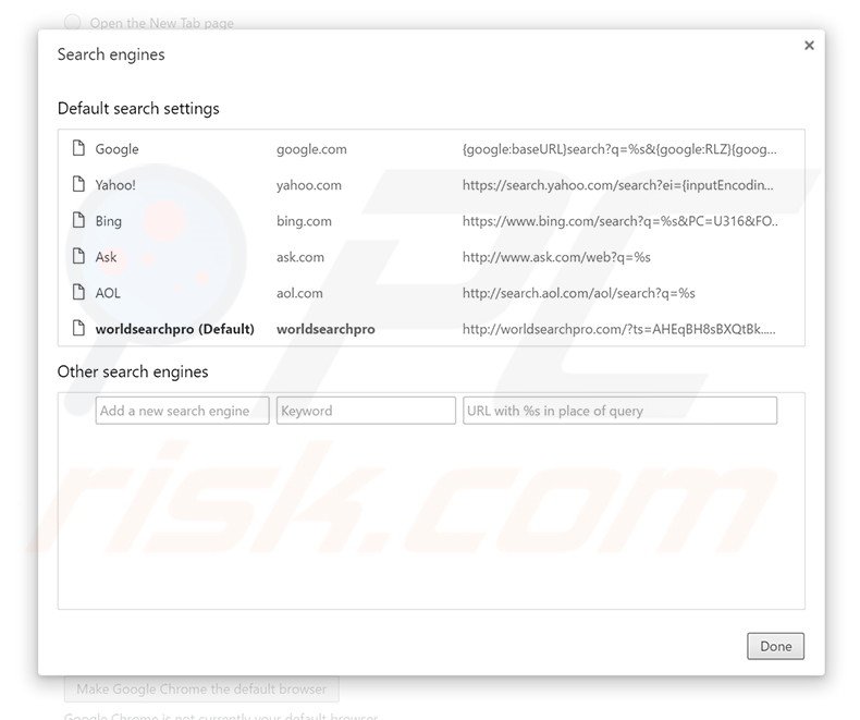 Removing worldsearchpro.com from Google Chrome default search engine
