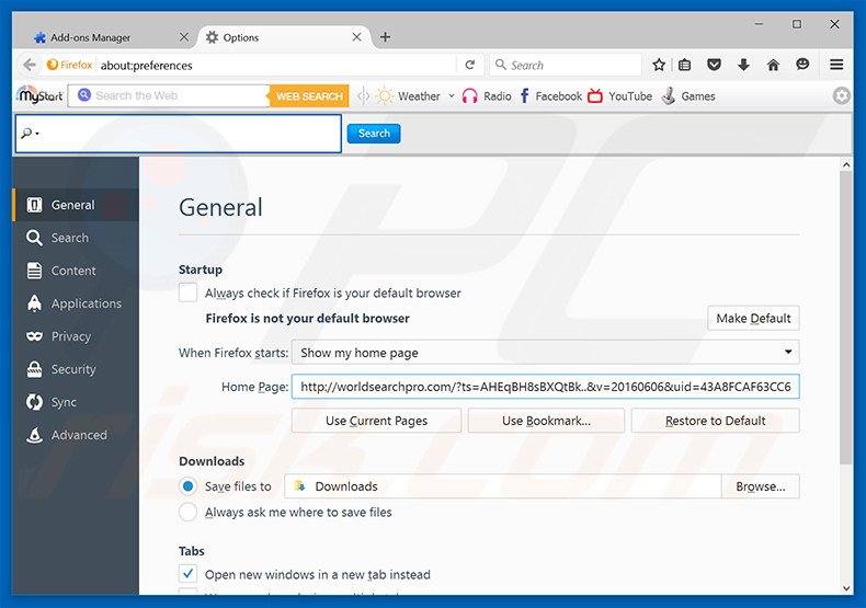 Removing worldsearchpro.com from Mozilla Firefox homepage