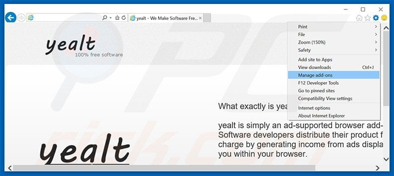 Removing Yealt ads from Internet Explorer step 1