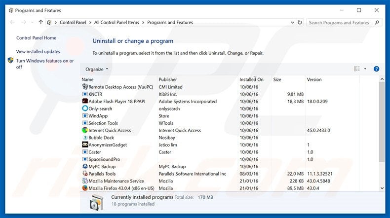 Yealt adware uninstall via Control Panel