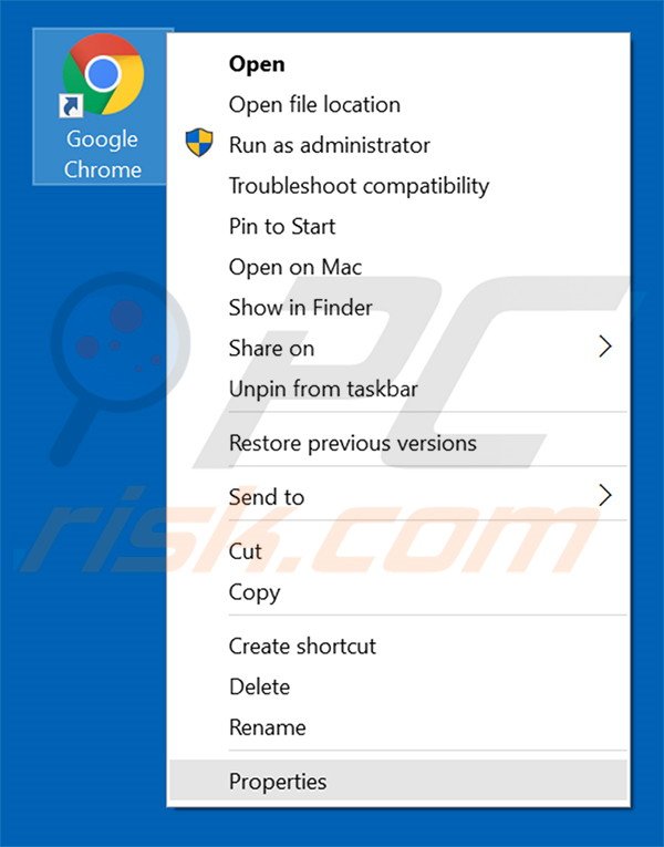 Removing youfind.online from Google Chrome shortcut target step 1