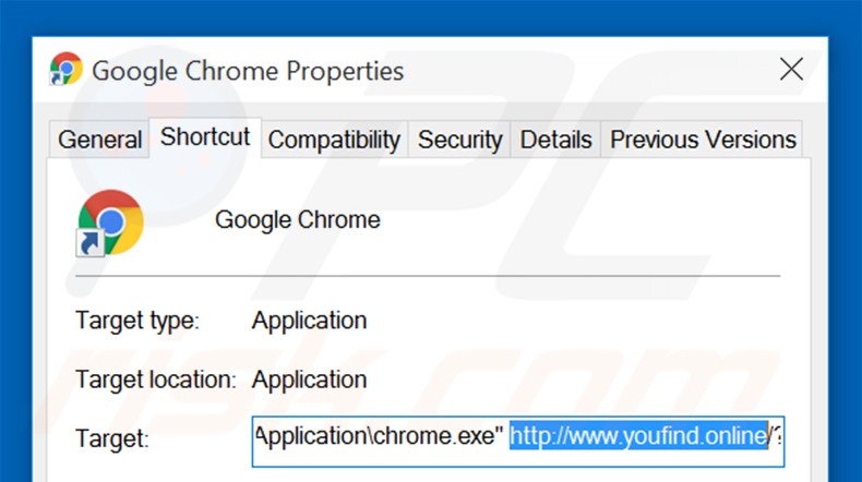 Removing youfind.online from Google Chrome shortcut target step 2