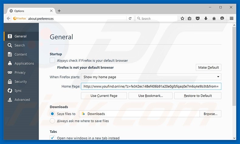 Removing youfind.online from Mozilla Firefox homepage