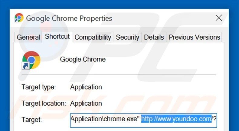 Removing youndoo.com from Google Chrome shortcut target step 2