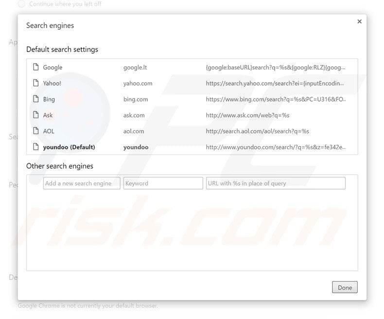 Removing youndoo.com from Google Chrome default search engine