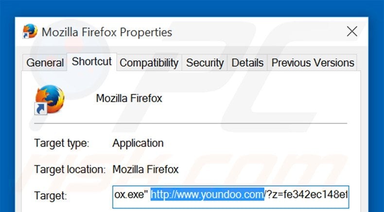 Removing youndoo.com from Mozilla Firefox shortcut target step 2