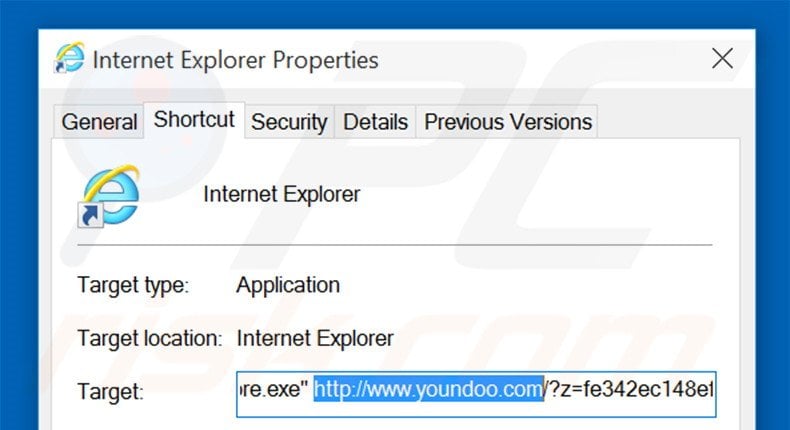 Removing youndoo.com from Internet Explorer shortcut target step 2