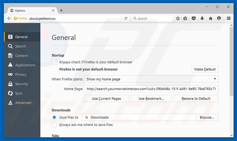 Removing search.yourmovietimenow.com from Mozilla Firefox homepage