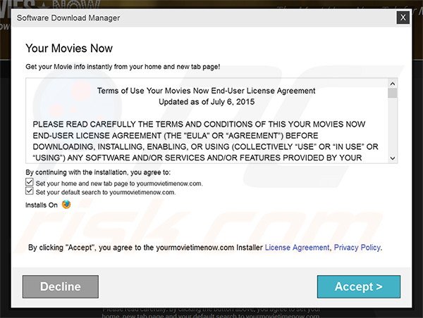 Official Your Movies Now browser hijacker installation setup