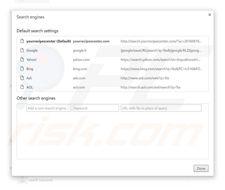 Removing search.yourrecipescenter.com from Google Chrome default search engine
