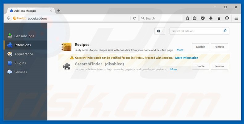Removing search.yourrecipescenter.com related Mozilla Firefox extensions