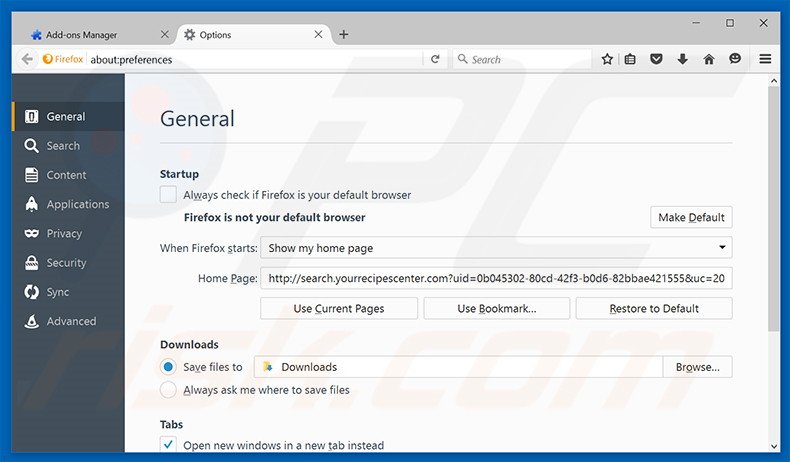 Removing search.yourrecipescenter.com from Mozilla Firefox homepage