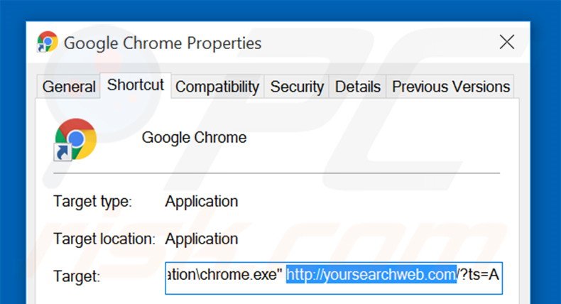 Removing yoursearchweb.com from Google Chrome shortcut target step 2