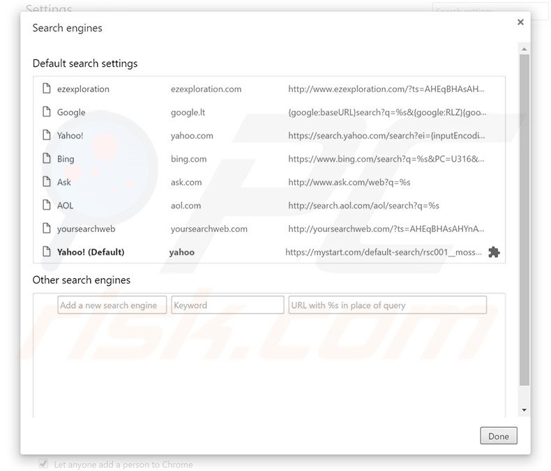 Removing yoursearchweb.com from Google Chrome default search engine