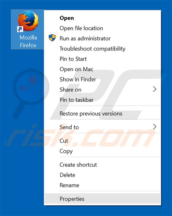 Removing yoursearchweb.com from Mozilla Firefox shortcut target step 1