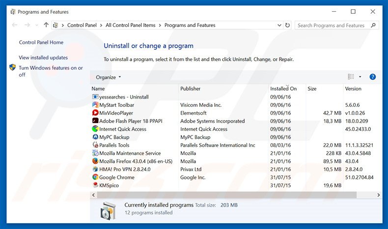 yoursearchweb.com browser hijacker uninstall via Control Panel