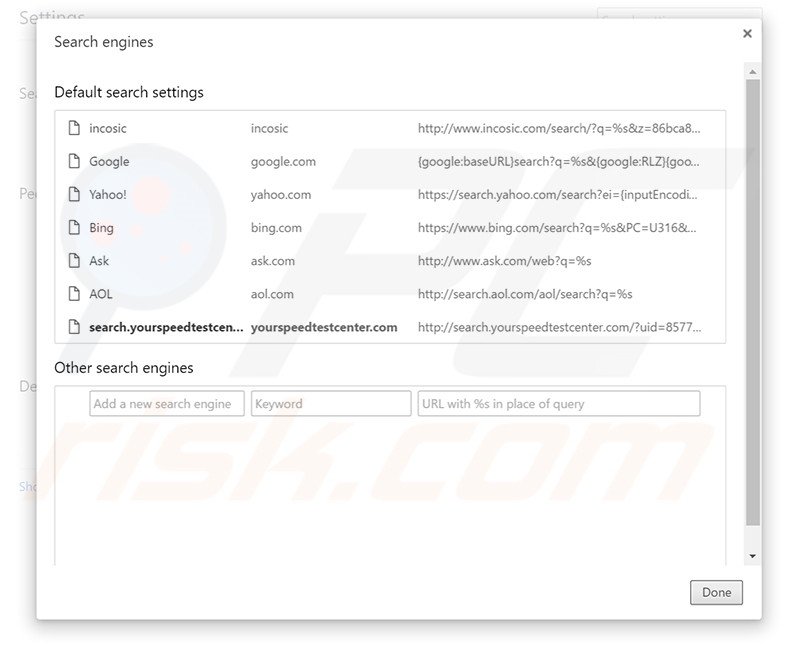 Removing search.yourspeedtestcenter.com from Google Chrome default search engine