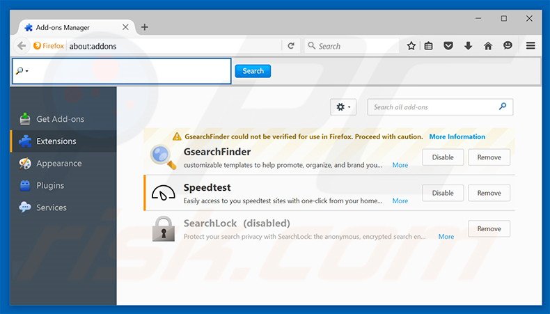 Removing search.yourspeedtestcenter.com related Mozilla Firefox extensions