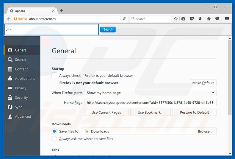Removing search.yourspeedtestcenter.com from Mozilla Firefox homepage