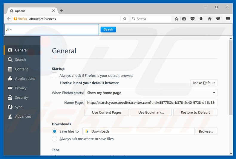 Removing search.yourspeedtestcenter.com from Mozilla Firefox homepage