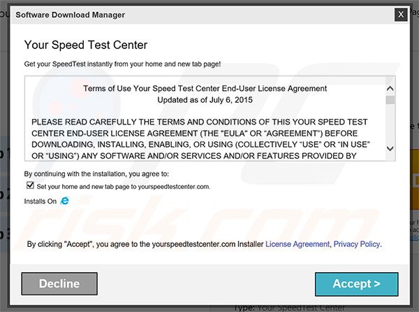 Official Your Speed Test Center browser hijacker installation setup