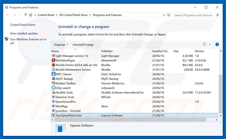 search.yourspeedtestcenter.com browser hijacker uninstall via Control Panel