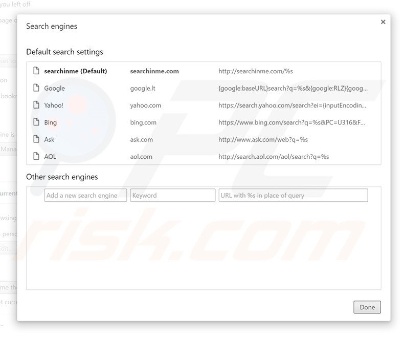 Removing searchinme.com from Google Chrome default search engine