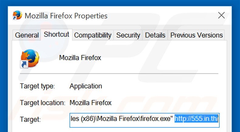 Removing 555.in.th from Mozilla Firefox shortcut target step 2