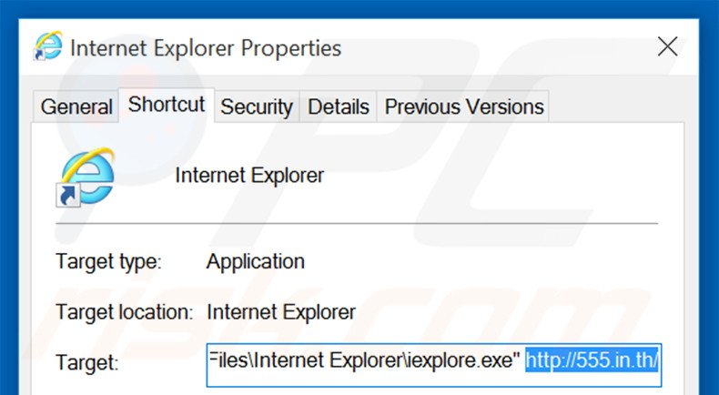 Removing 555.in.th from Internet Explorer shortcut target step 2