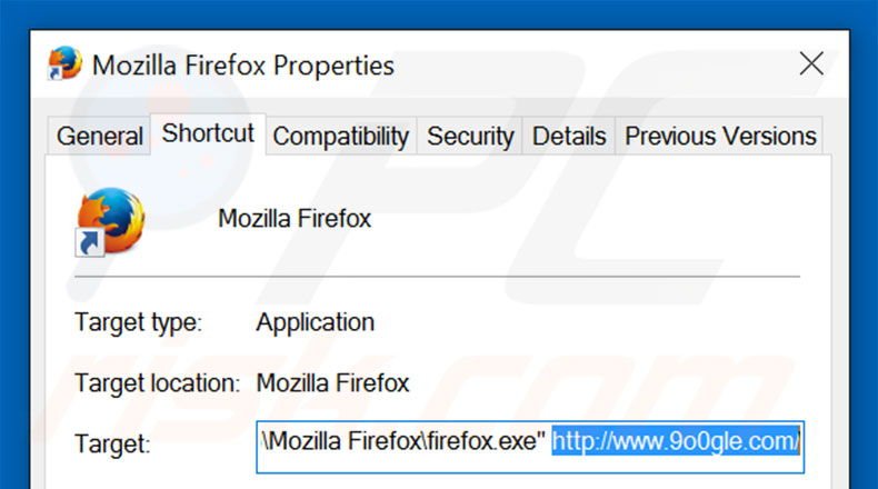 Removing 9o0gle.com from Mozilla Firefox shortcut target step 2