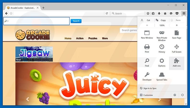 Removing ArcadeCookie ads from Mozilla Firefox step 1