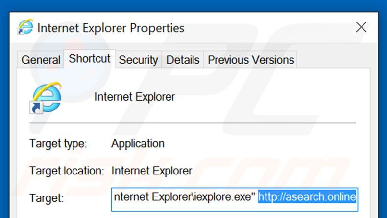 Removing asearch.online from Internet Explorer shortcut target step 2