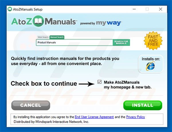 Official AtoZManuals browser hijacker installation setup