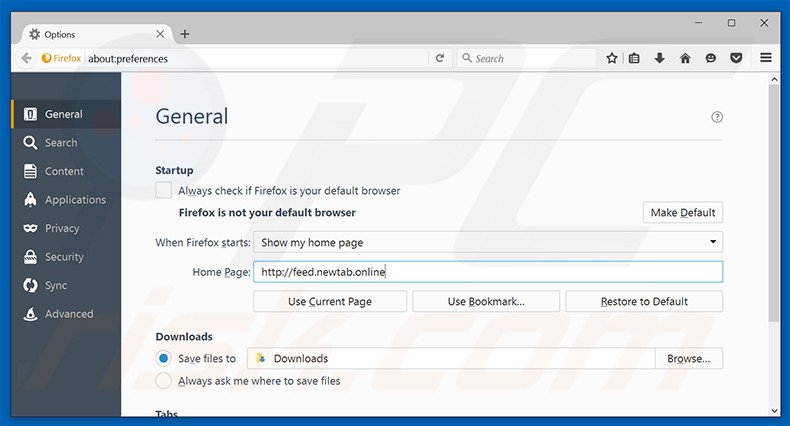Removing feed.newtab.online from Mozilla Firefox homepage